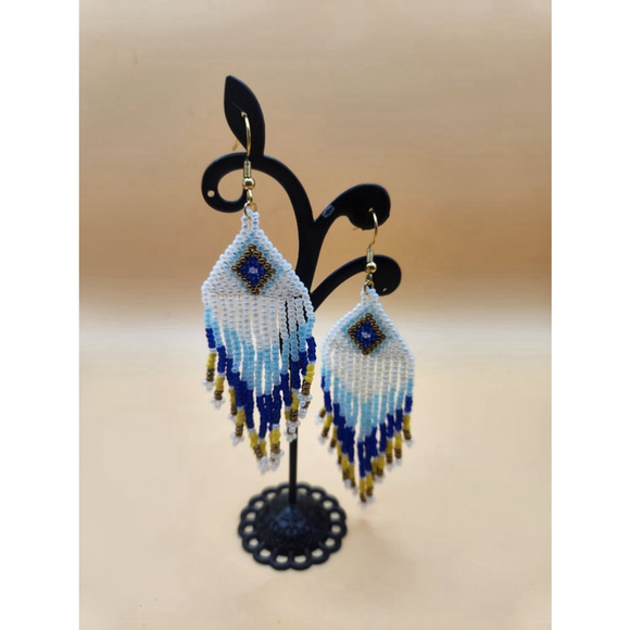Handcrafted Beaded Fringe Earrings Blue White Yellow - Picture 5 of 9